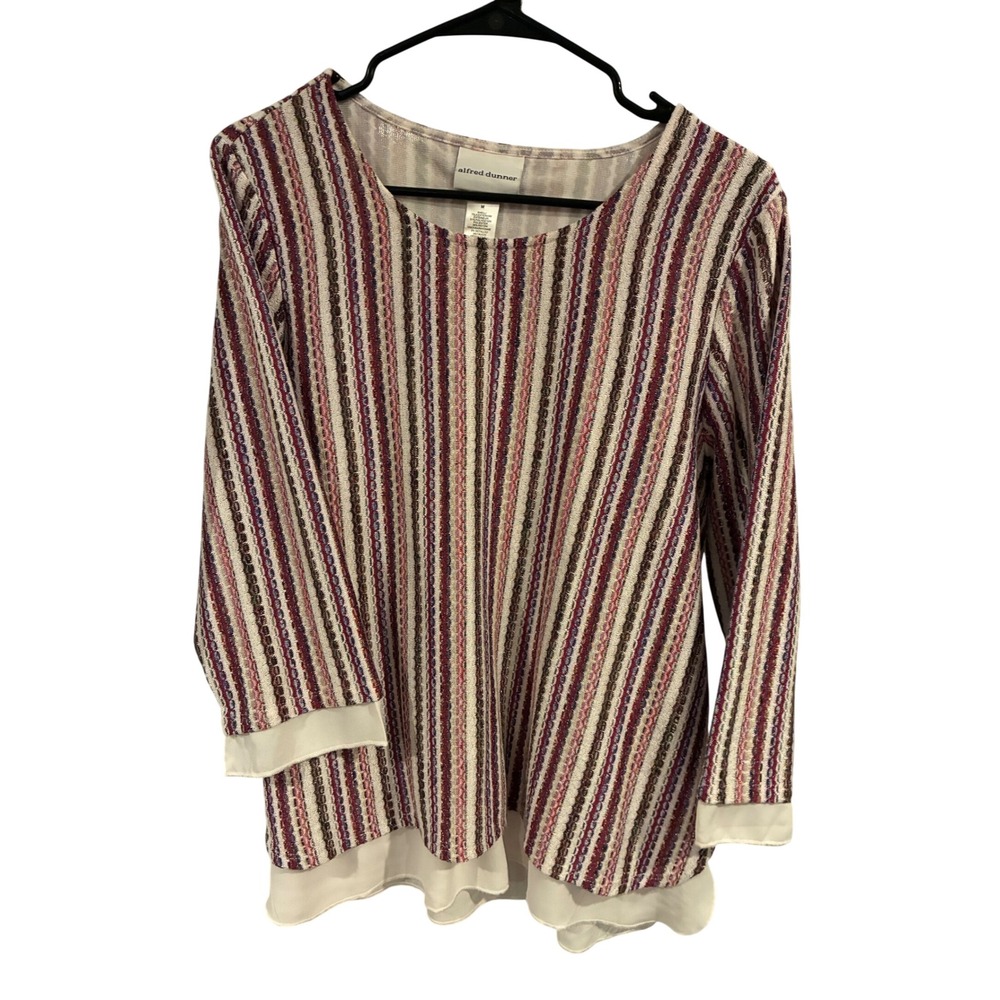 Alfred Dunner Multi Color Metallic Stripe Layered Hem 3/4 Sleeve Top Medium